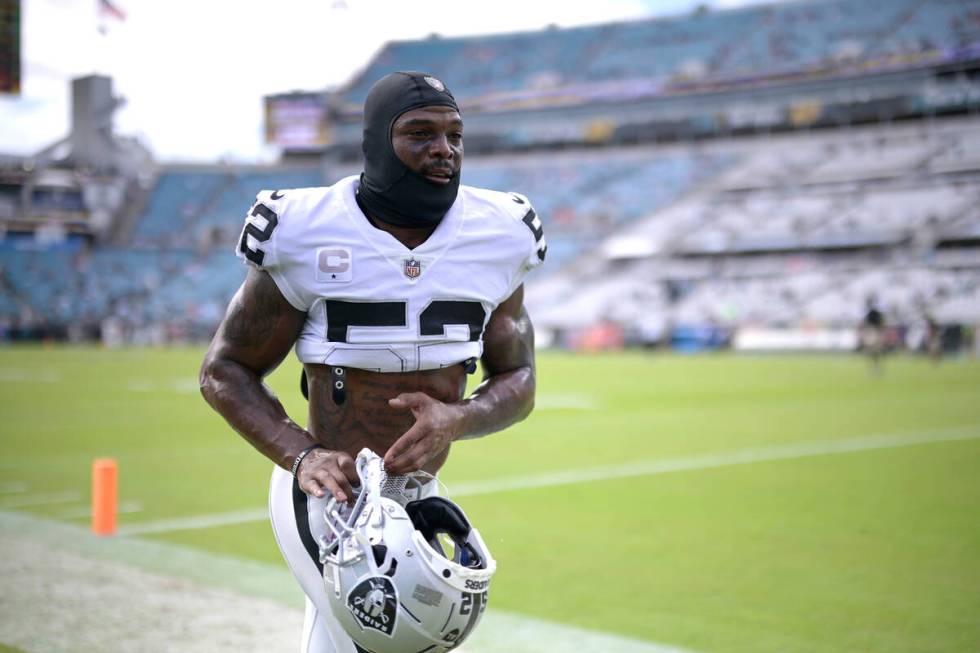 Las Vegas Raiders linebacker Denzel Perryman (52) leaves the field after warming up before an N ...