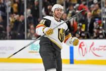 Vegas Golden Knights center Jonathan Marchessault reacts after a goal against the Anaheim Ducks ...