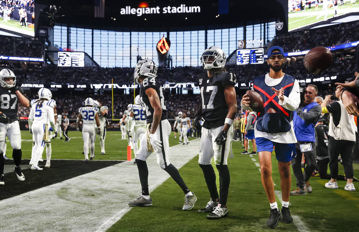 Raiders wide receiver Davante Adams watches the replay after a pass was broken up in the end zo ...