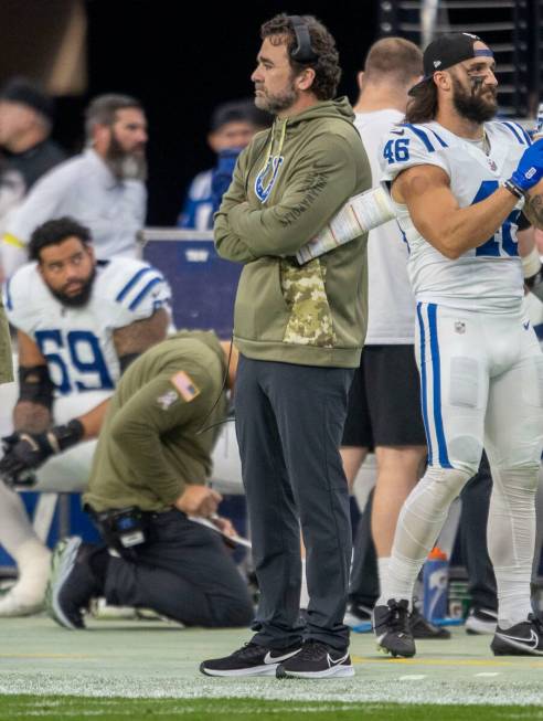 Indianapolis Colts head coach Jeff Saturday looks on from the sideline during the first half of ...