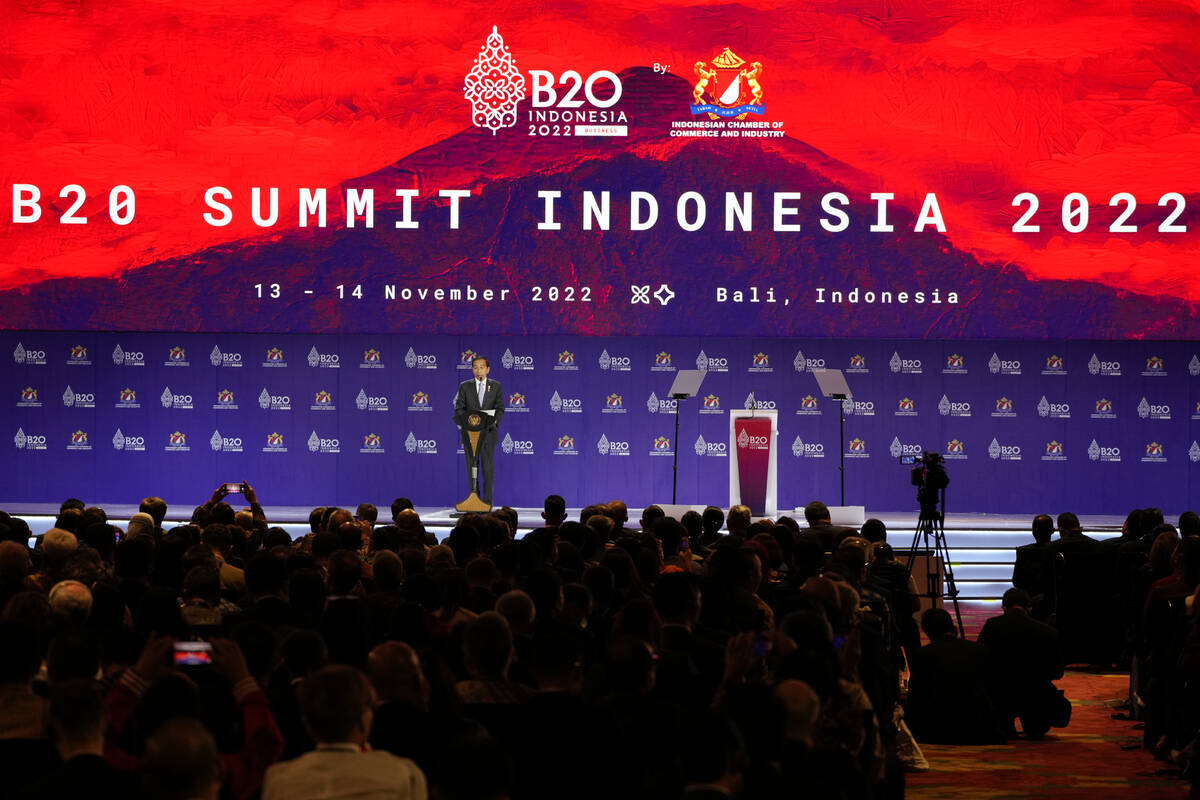 Indonesia President Joko Widodo speaks during the closing of the B20 Summit ahead of the G20 le ...