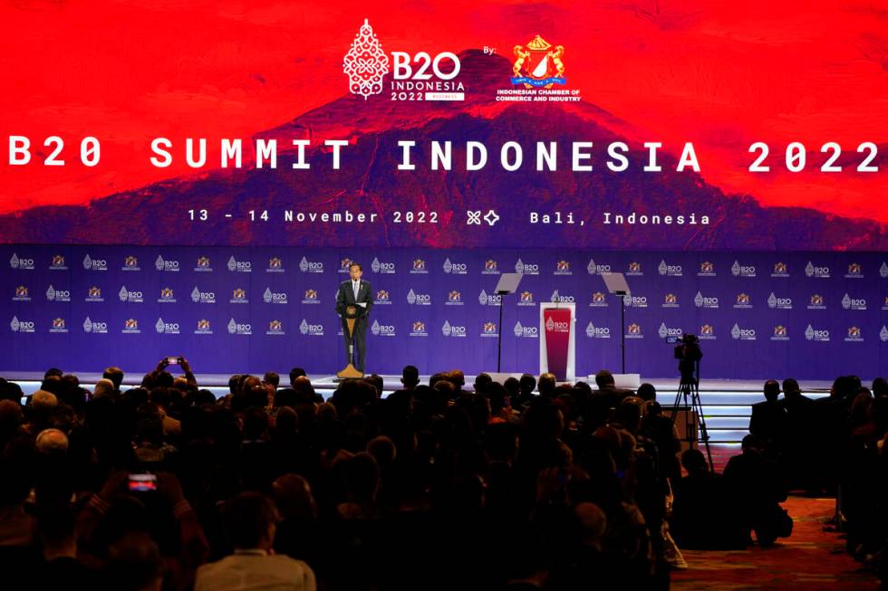 Indonesia President Joko Widodo speaks during the closing of the B20 Summit ahead of the G20 le ...