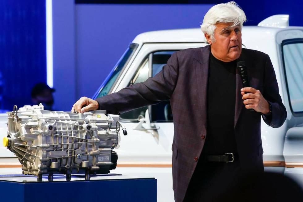 Jay Leno checks out the Eluminator electric crate motor during the Specialty Equipment Market A ...