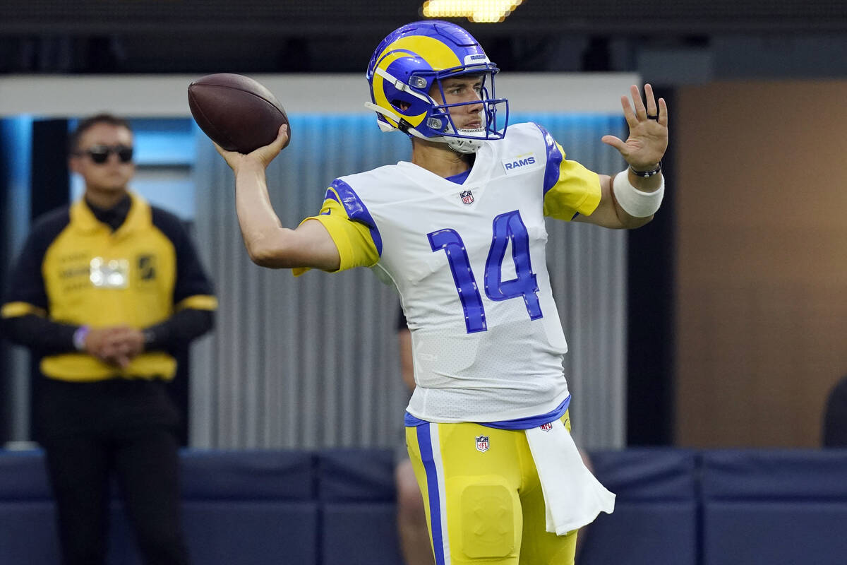 Los Angeles Rams quarterback Luis Perez warms up before a preseason NFL football game against t ...