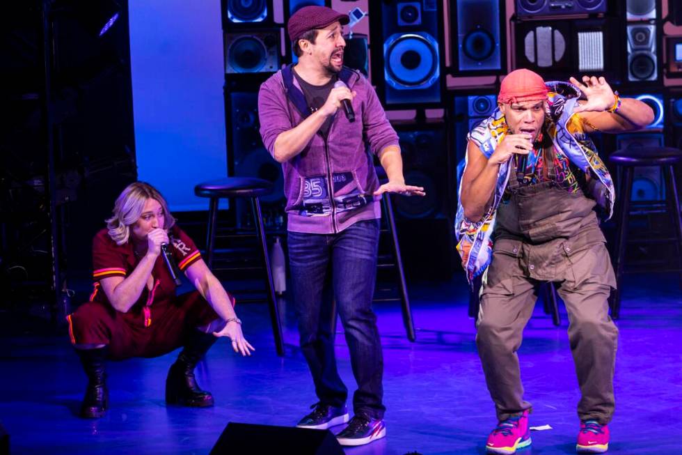 Lin-Manuel Miranda, co-creator of Freestyle Love Supreme, performs alongside cast members Kaila ...