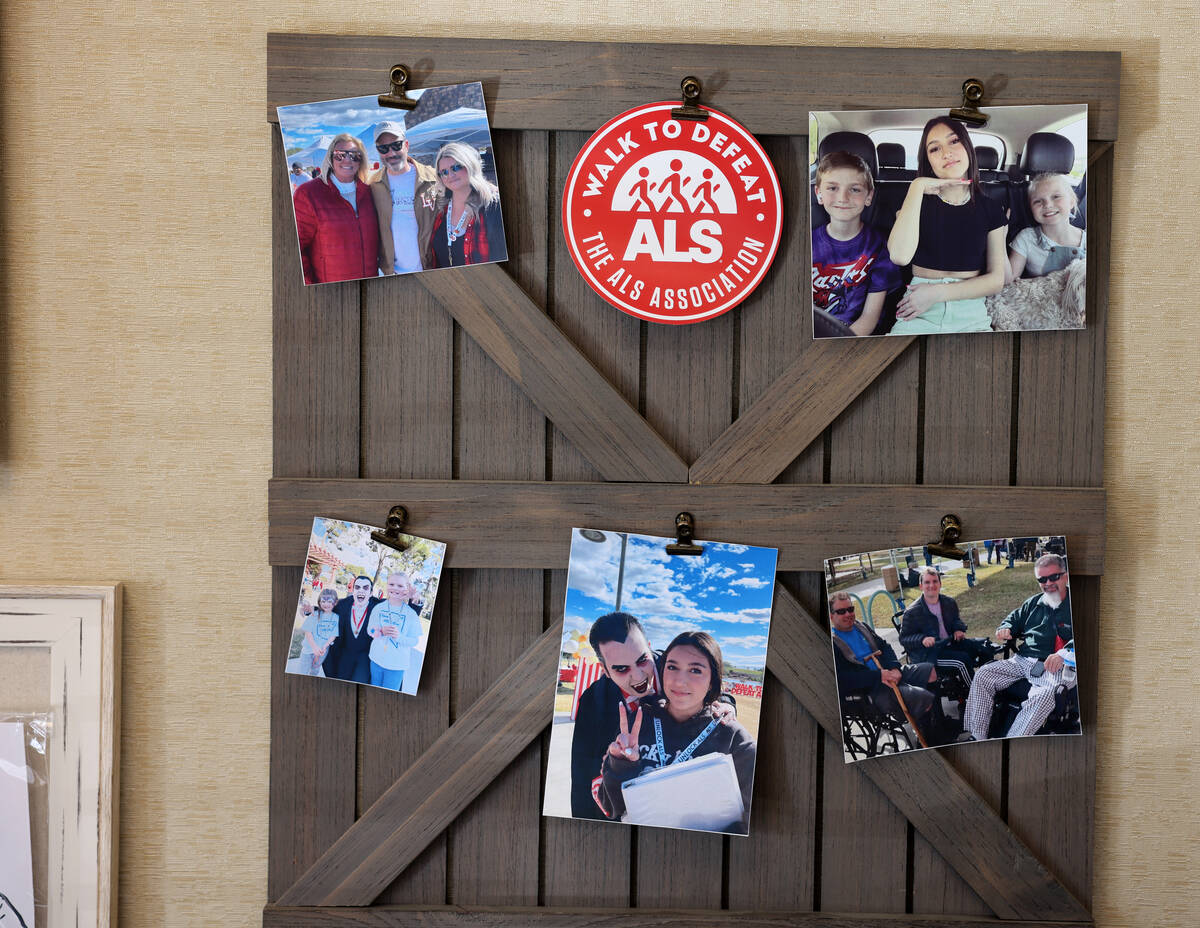 Photos on the wall of ALS Association of Nevada office in Las Vegas Tuesday, Nov. 15, 2022. A t ...