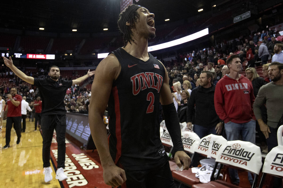 UNLV Rebels guard Justin Webster (2) celebrates winning an NCAA college basketball game against ...