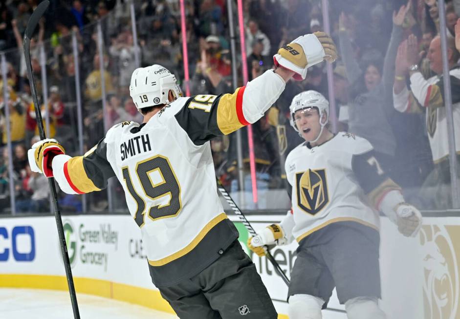Vegas Golden Knights right wing Reilly Smith (19) reacts after his short-handed goal against th ...