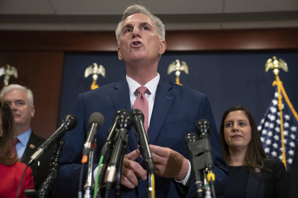 House Minority Leader Kevin McCarthy, R-Calif., talks the media on Tuesday, Nov. 15, 2022, afte ...