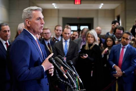 House Minority Leader Kevin McCarthy, R-Calif., speaks with journalists after winning the House ...
