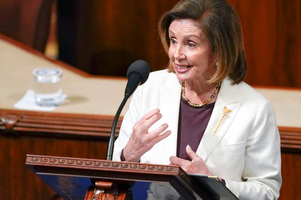 House Speaker Nancy Pelosi of Calif., speaks on the House floor at the Capitol in Washington Th ...