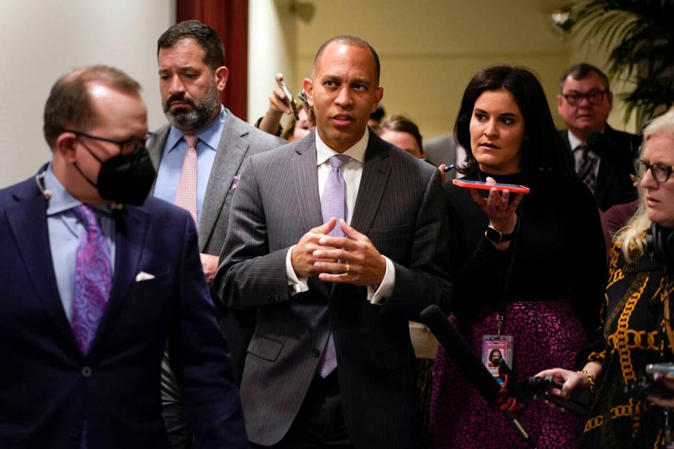 Rep. Hakeem Jeffries, D-N.Y., talks with reporters on Capitol Hill in Washington Thursday, Nov. ...