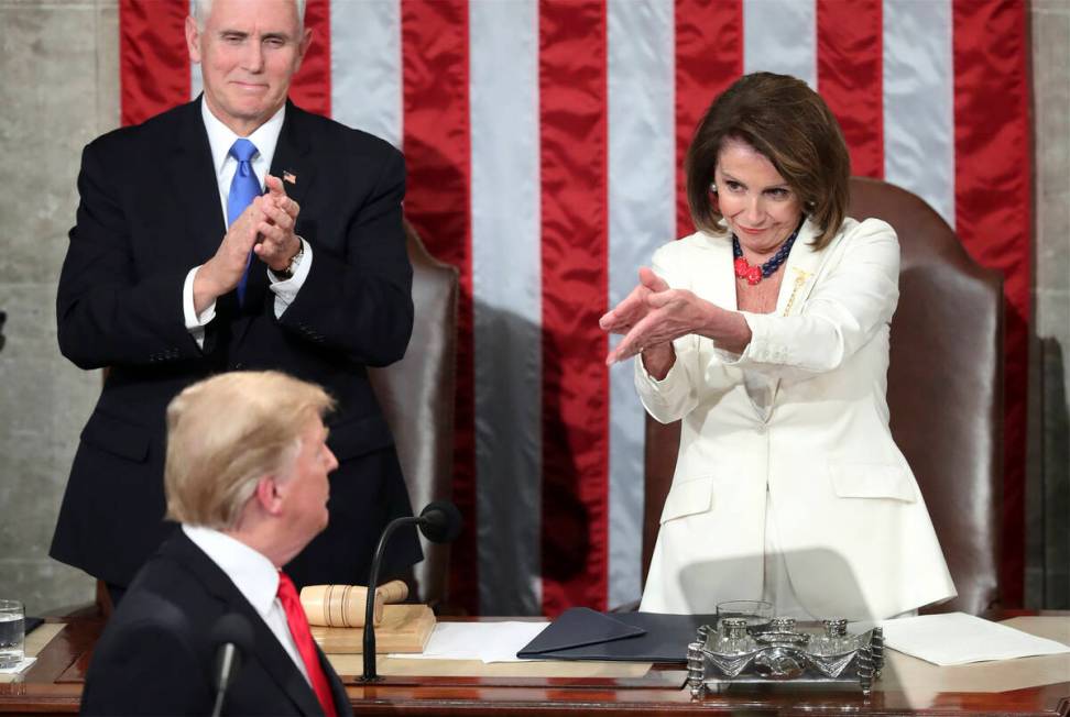 FILE - President Donald Trump turns to House Speaker Nancy Pelosi of Calif., as he delivers his ...