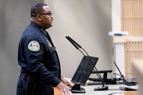 Henderson Chief of Police Thedrick Andres speaks during a city council hearing at Henderson Cit ...
