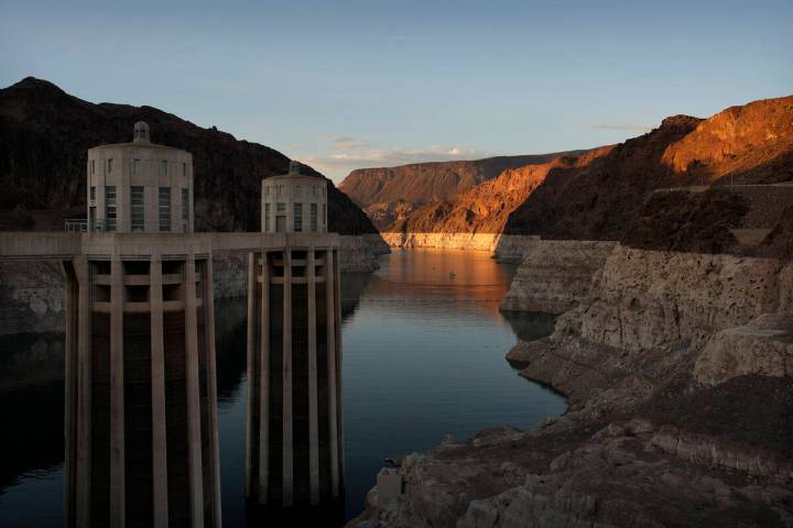 A bathtub ring of light minerals shows the high water line of Lake Mead near water intakes on t ...