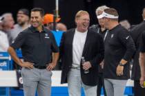 Raiders general manager Dave Ziegler, left, owner Mark Davis, center, and head coach Josh McDan ...