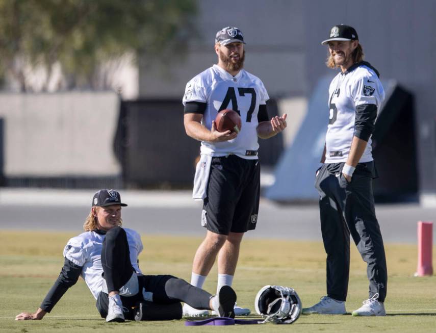 Raiders place kicker Daniel Carlson (2) long snapper Trent Sieg (47) and punter AJ Cole (6) tak ...