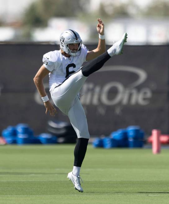 Raiders punter AJ Cole (6) kicks during practice at the Intermountain Healthcare Performance Ce ...