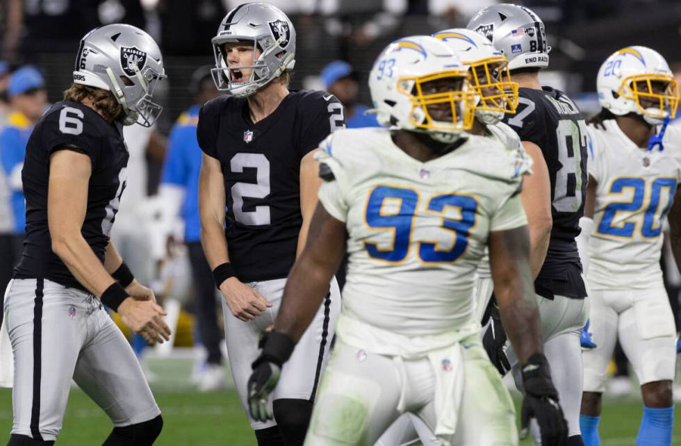 Raiders kicker Daniel Carlson (2) celebrates after kicking the game winning field goal to beat ...