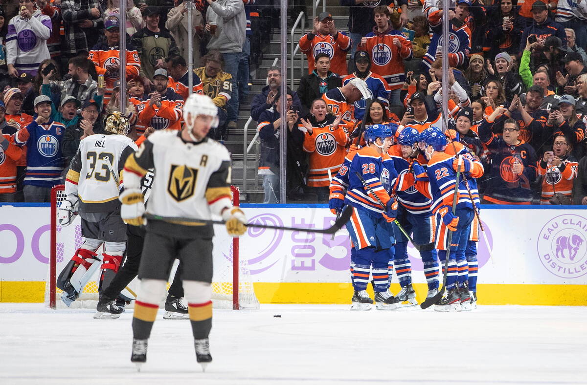 Edmonton Oilers celebrate a goal against the Vegas Golden Knight during the first period of an ...