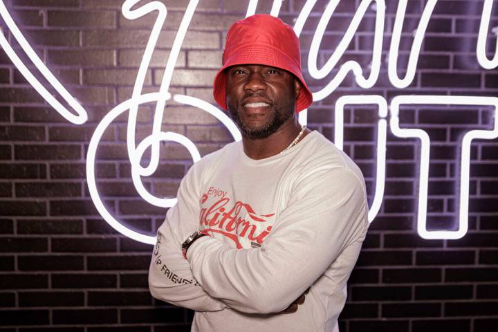 Kevin Hart poses for a portrait at the opening of his new vegan fast-food restaurant "Hart Hous ...