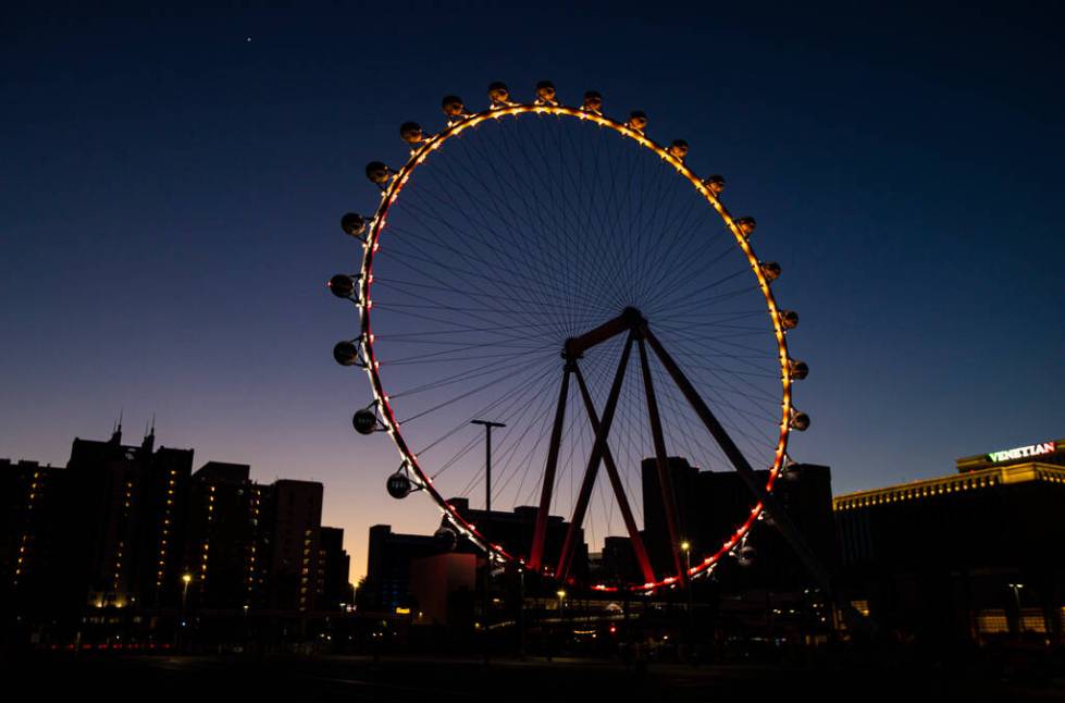 Colors for the San Francisco 49ers are displayed on the High Roller in Las VegasStrip as the fi ...