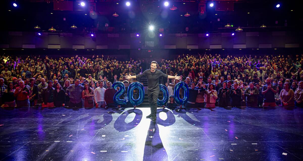 Mat Franco is shown with his crowd at Mat Franco Theater as he celebrates his 2,000th show on t ...
