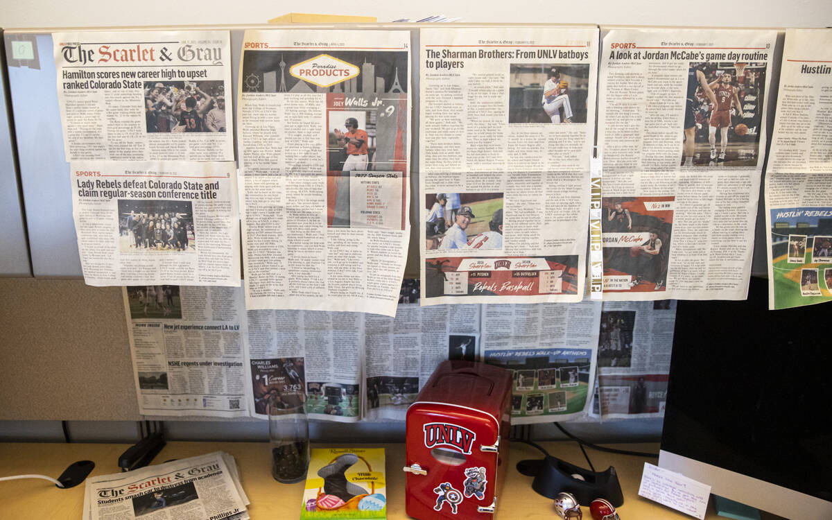 Various issues of The Scarlet & Gray Free Press, UNLV’s student newspaper, are seen in the ne ...