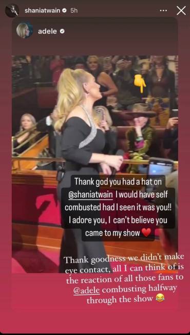 An Instagram story screen grab of Shania Twain attending "Weekends With Adele" on Friday, Nov. ...