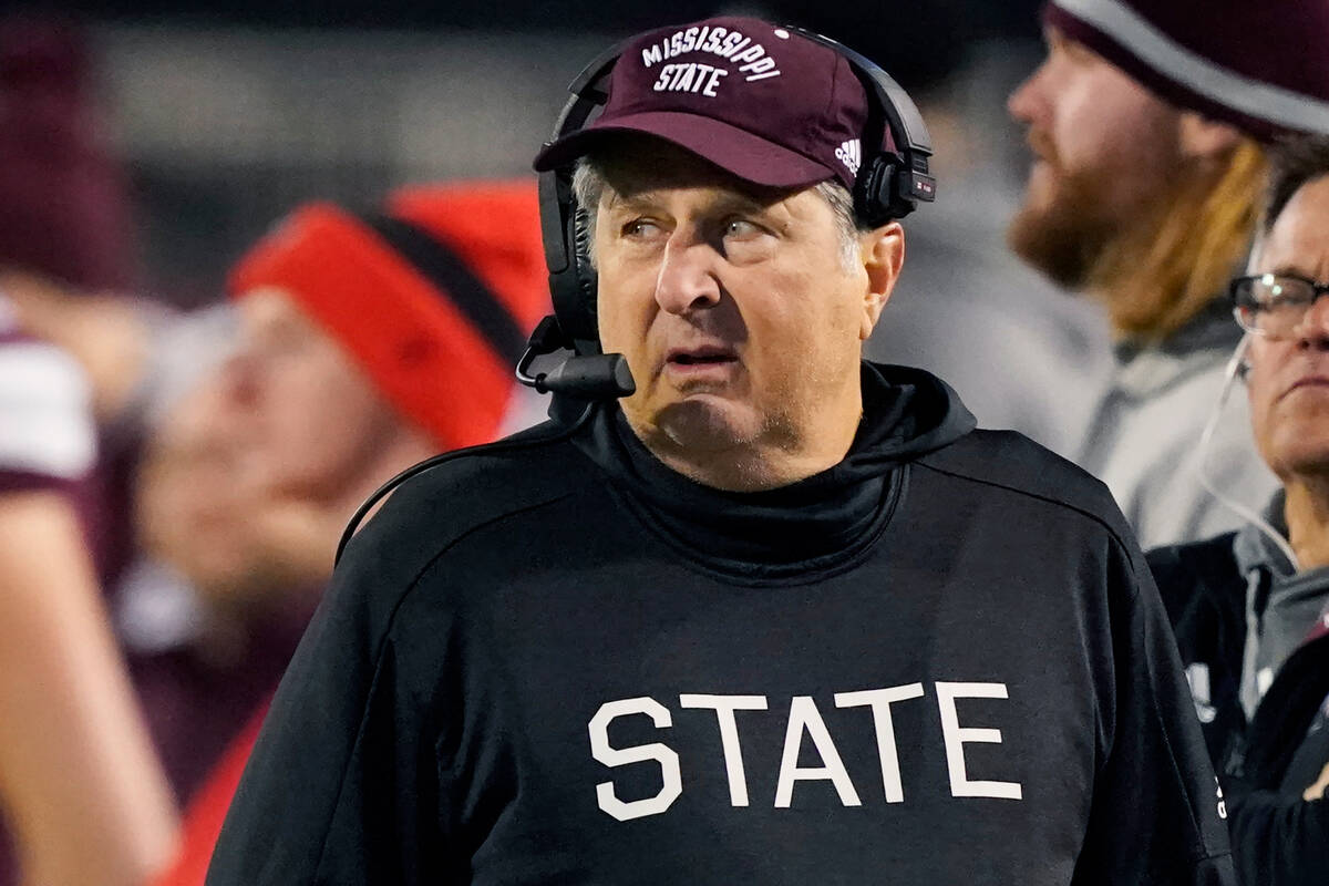 Mississippi State head coach Mike Leach looks across the field at his team during the second ha ...