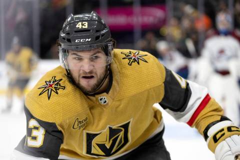 Golden Knights center Paul Cotter (43) skates for the puck during the third period of a preseas ...