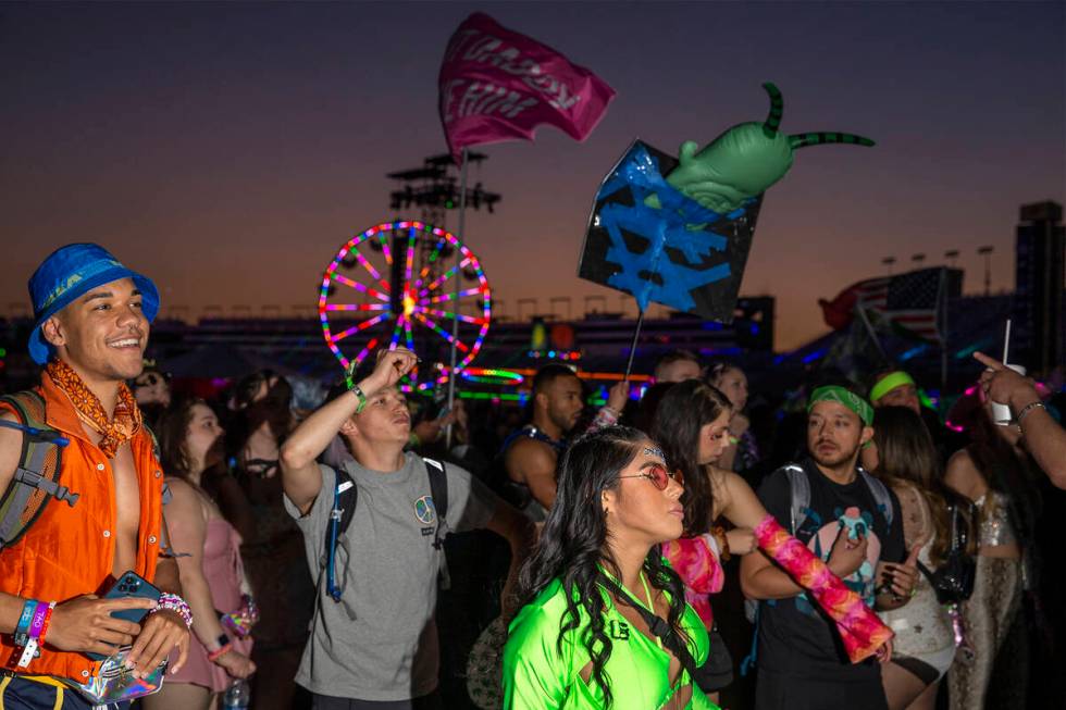 Fans dance to music in between sets during the first day of the Electric Daisy Carnival at Las ...