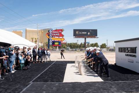 Project partners and guests pose for a photo during the groundbreaking for the Dream Las Vegas ...