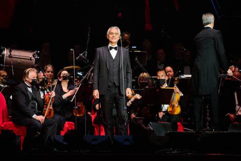 Andrea Bocelli is shown in performance at MGM Grand Garden on Friday, Feb. 18, 2022. (Shore Fir ...