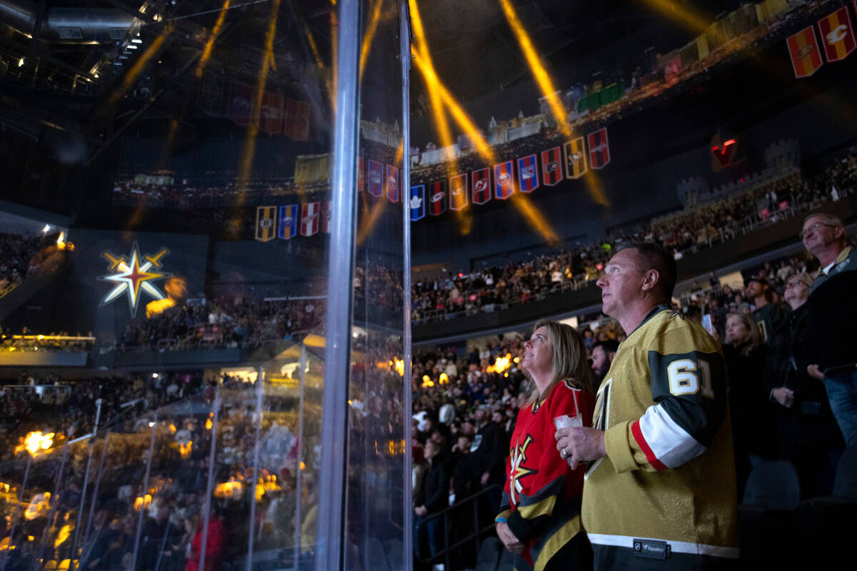 Vegas Golden Knights fans watch a show before an NHL hockey game against the St. Louis Blues, S ...