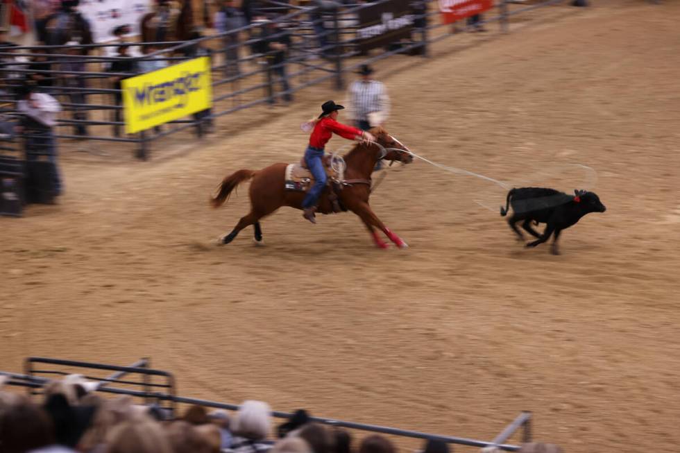 Taylor Hanchey competes in the women's Wrangler National Finals Breakaway Roping event at the S ...