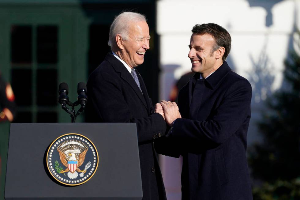 President Joe Biden welcomes French President Emmanuel Macron during a State Arrival Ceremony o ...