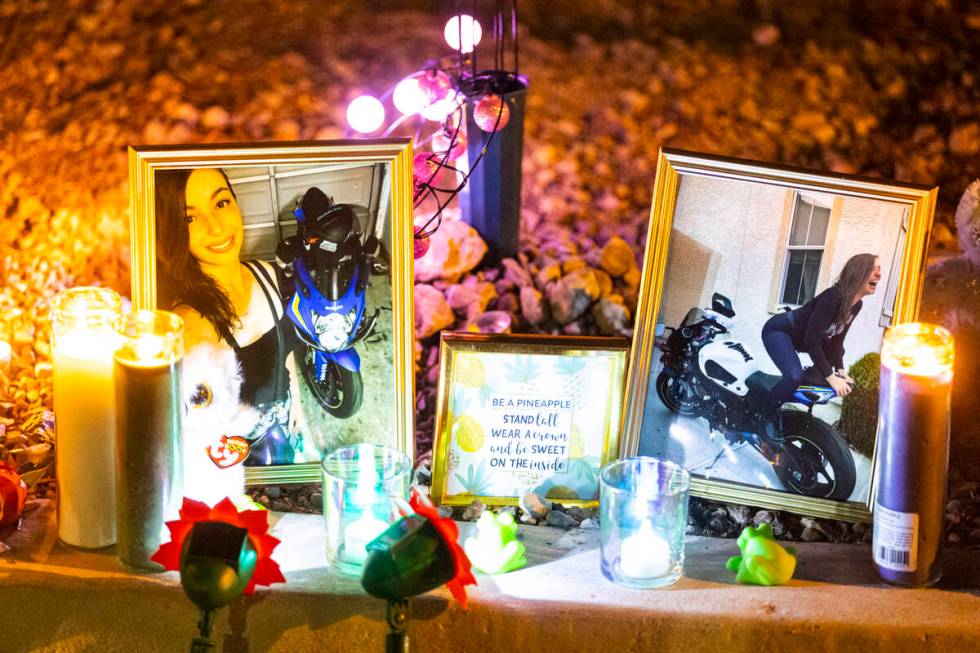 Items left in memory at the scene of a vigil where 28-year-old motorcyclist Rhiannon Nichole Sa ...