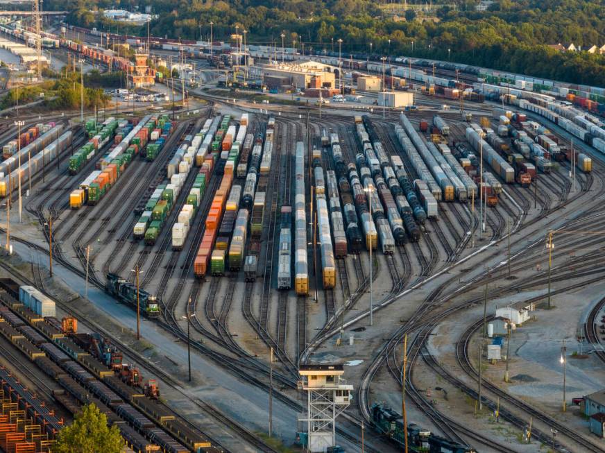 Freight train cars sit in a Norfolk Southern rail yard on Sept. 14, 2022, in Atlanta. The Biden ...