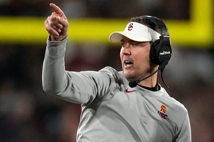 Southern California head coach Lincoln Riley gestures during the second half of an NCAA college ...
