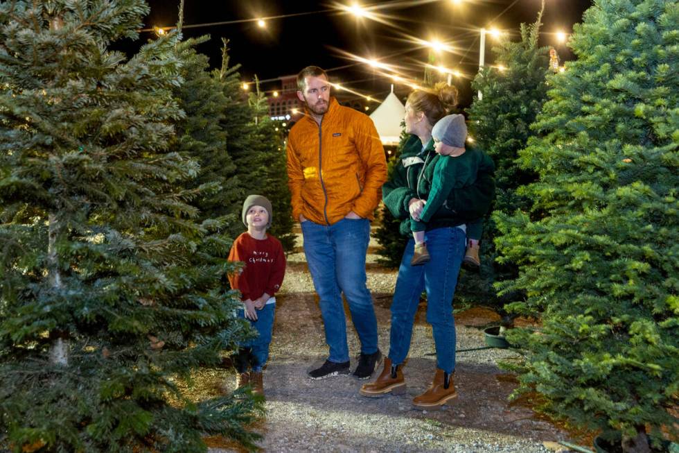 Calvin McDonough, 4, from left, looks to his tree selection as his father Travis confers with m ...
