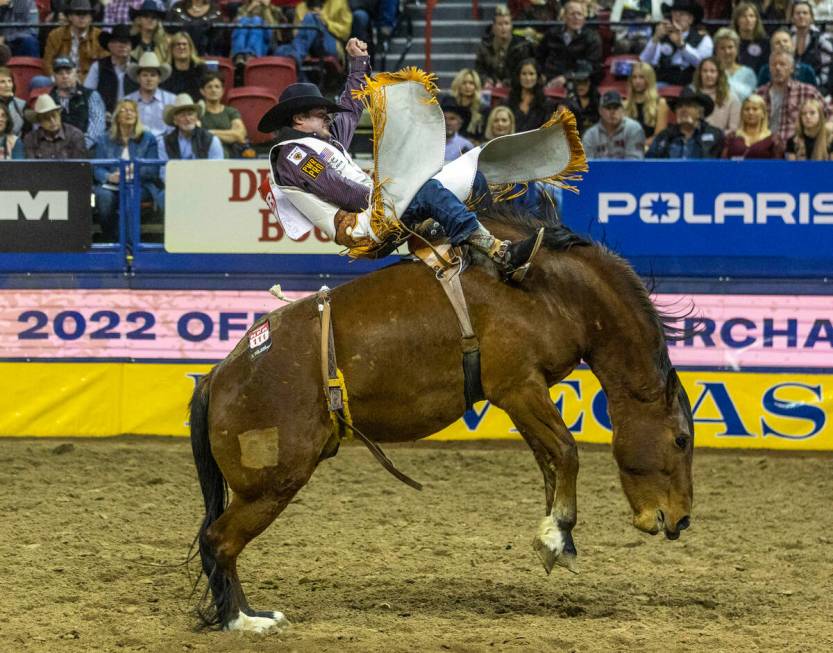 Bareback rider Kaycee Feild of Genola, Utah, rides Sunday Sinner during the National Finals Rod ...