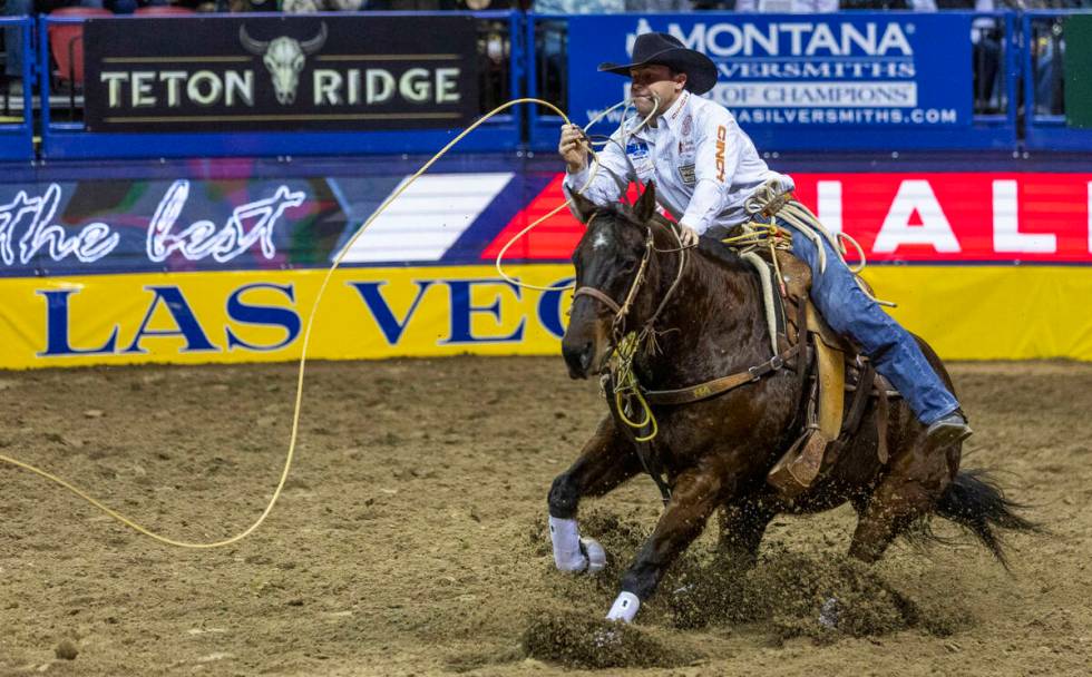 Caleb Smidt of Bellville, Texas, eyes his calf while dismounting for a winning time in Tie-Down ...