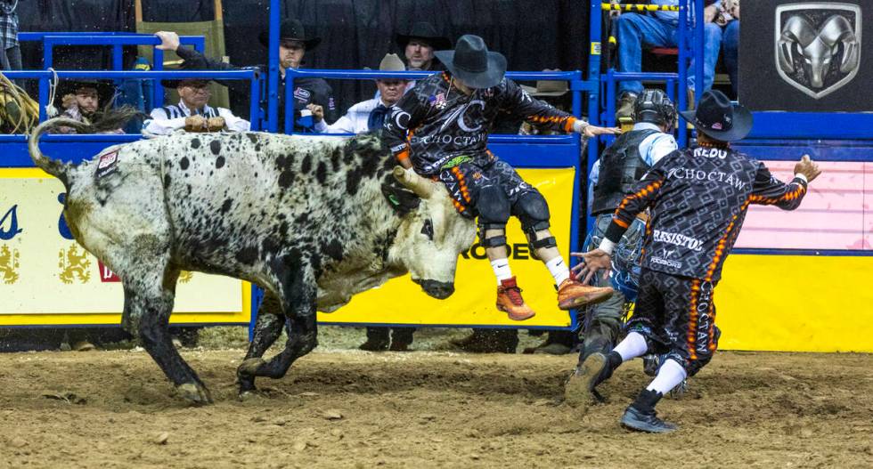 A bullfighter is launched into the air by TC in Bull Riding during the National Finals Rodeo Da ...