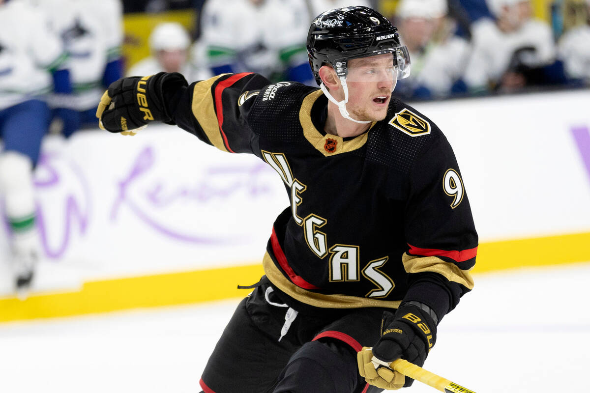 Golden Knights center Jack Eichel (9) pivots during the first period of an NHL hockey game agai ...