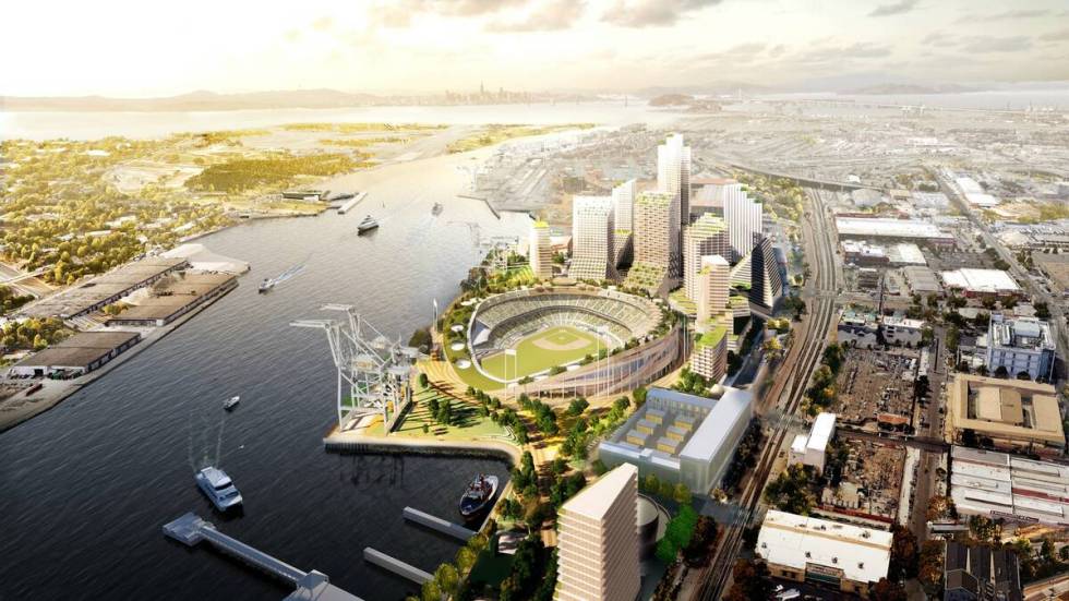 An artist rendering of the Oakland Athletics planned Howard Terminal site. (Courtesy of Oakland ...