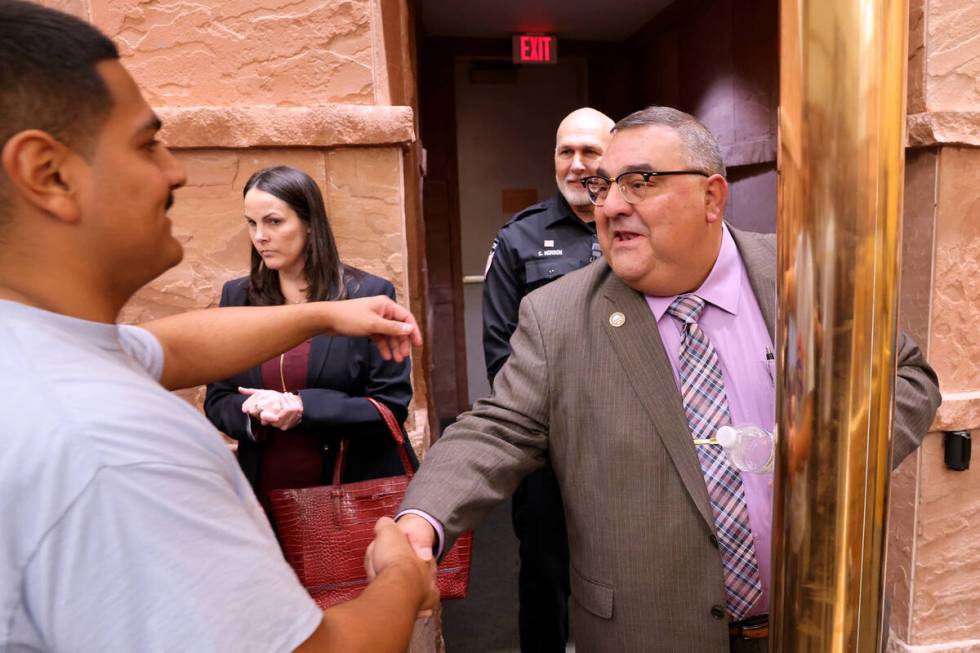 Clark County Registrar of Voters Joe Gloria gets greets a supporter after a Clark County Commis ...