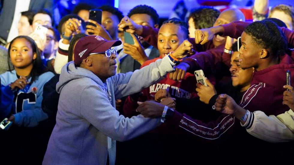 Actor and director Spike Lee speaks during an election night watch party for Democratic Sen. Ra ...