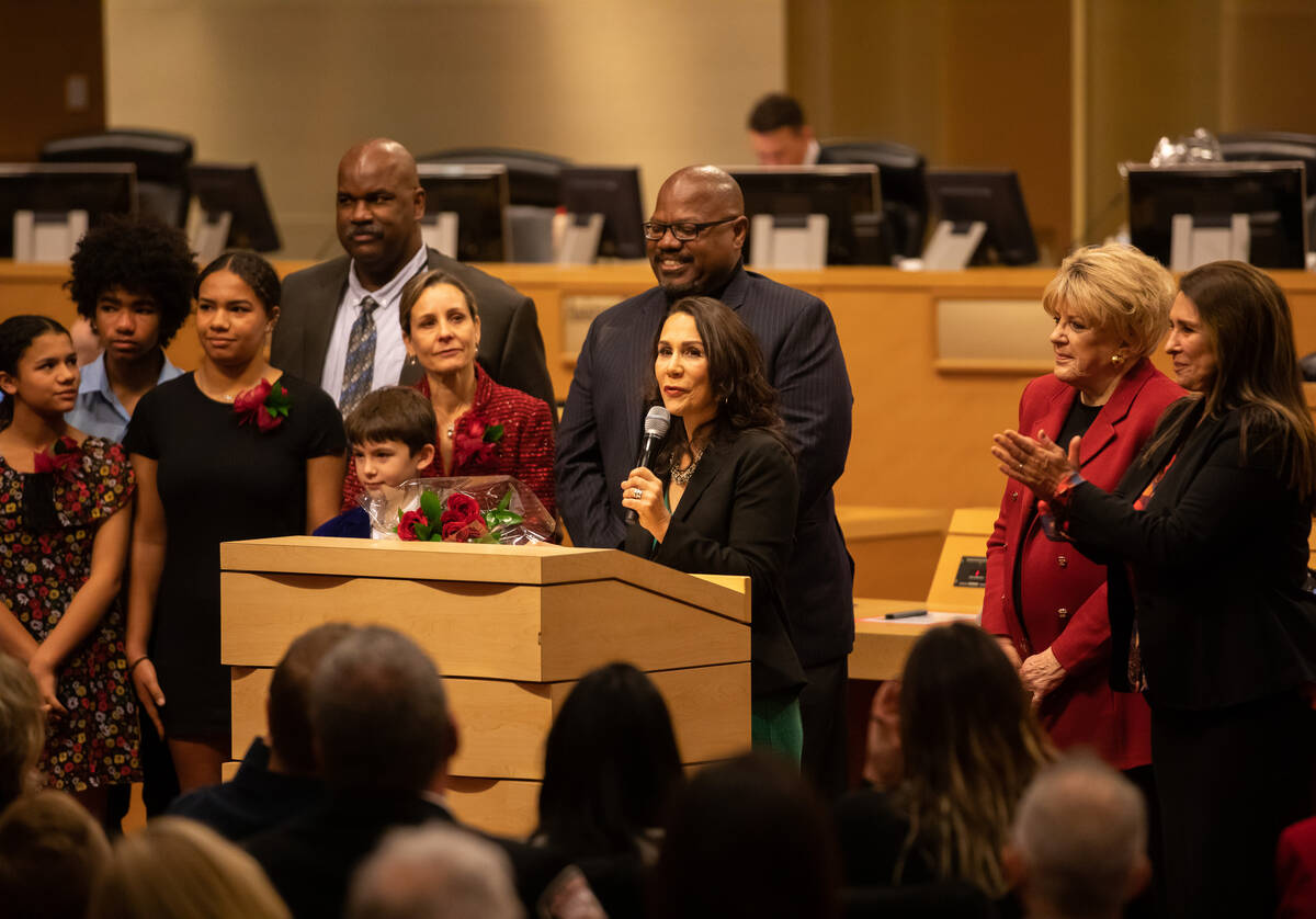 City Councilwoman Nancy Brune speaks after being sworn in by Mayor Carolyn Goodman at Las Vegas ...