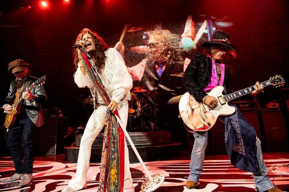 Steven Tyler and Joe Perry perform during the return of "Deuces Are Wild" at Dolby Live at Park ...